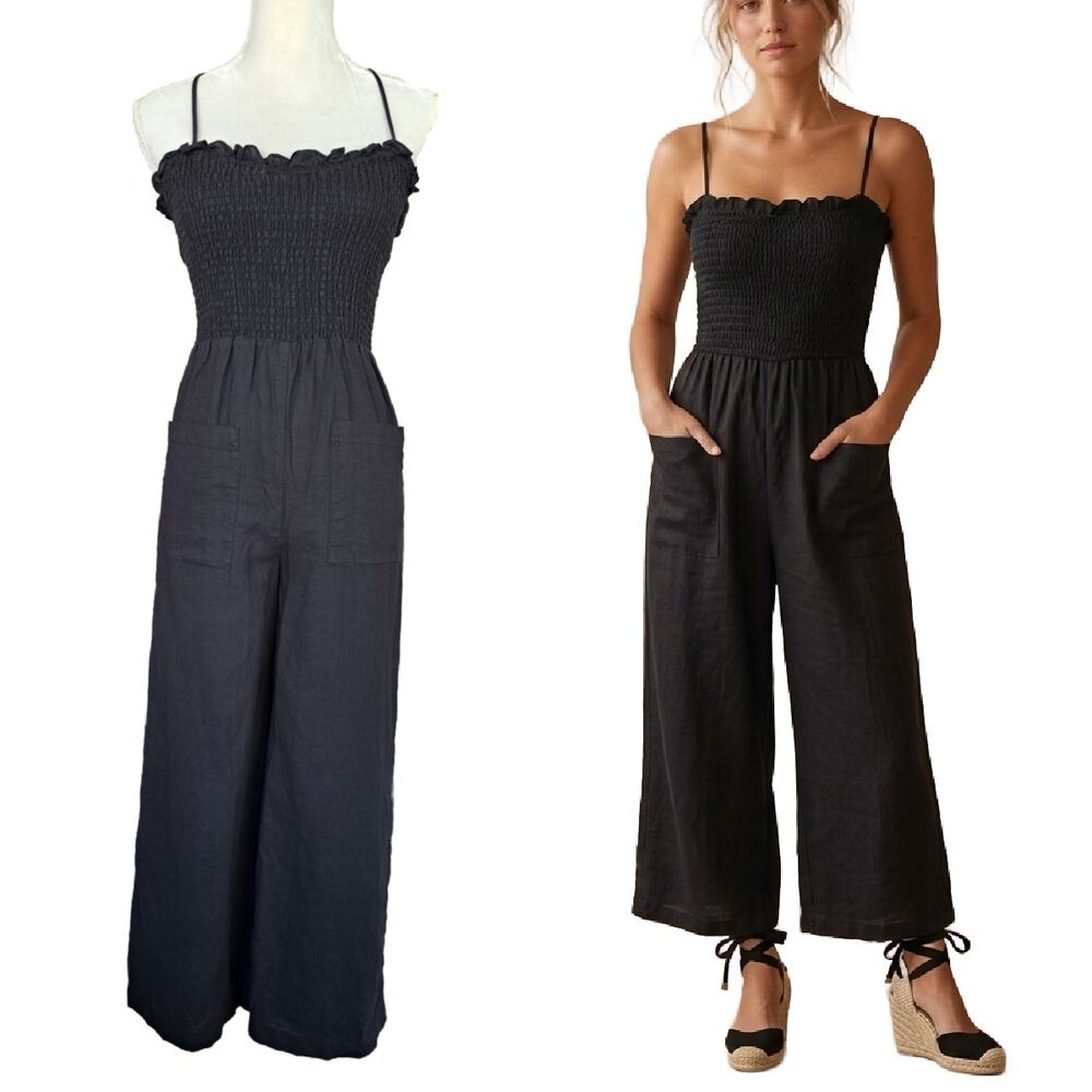 MAJORELLE Black Smocked Linen Wide Leg Jumpsuit XS Minimalist Boho Revolve